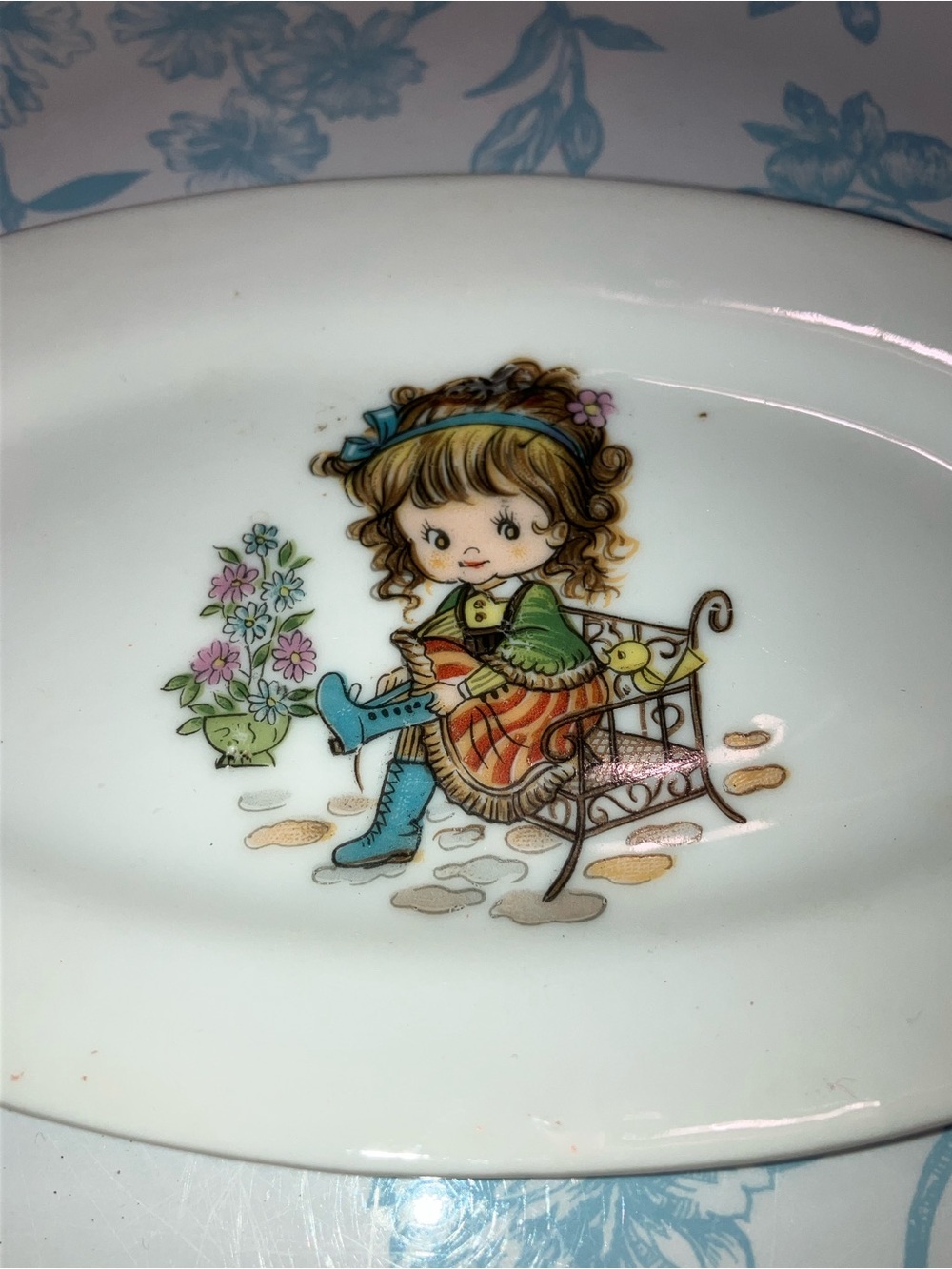 Vintage 80’s Japan Mini Ceramic Platter Oval Plate with Girl on Bench
